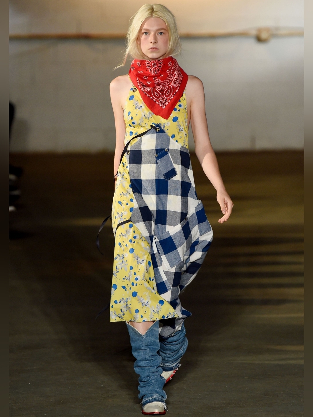 R13 Yellow Floral, Pastel Floral and Blue Check Double Apron Maxi Dress - Picture 3 of 4